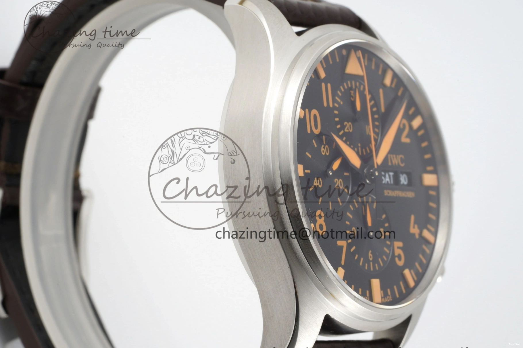 MIROTIME 0126 Pilot Chrono SS AZF 1:1 Best Edition Black Dial Orange Markers on Brown Leather Strap A EasyCare 7065